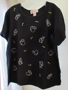 Vintage Richard Sport Cotton Embroidered Rhinestone Cat Tee Size XL